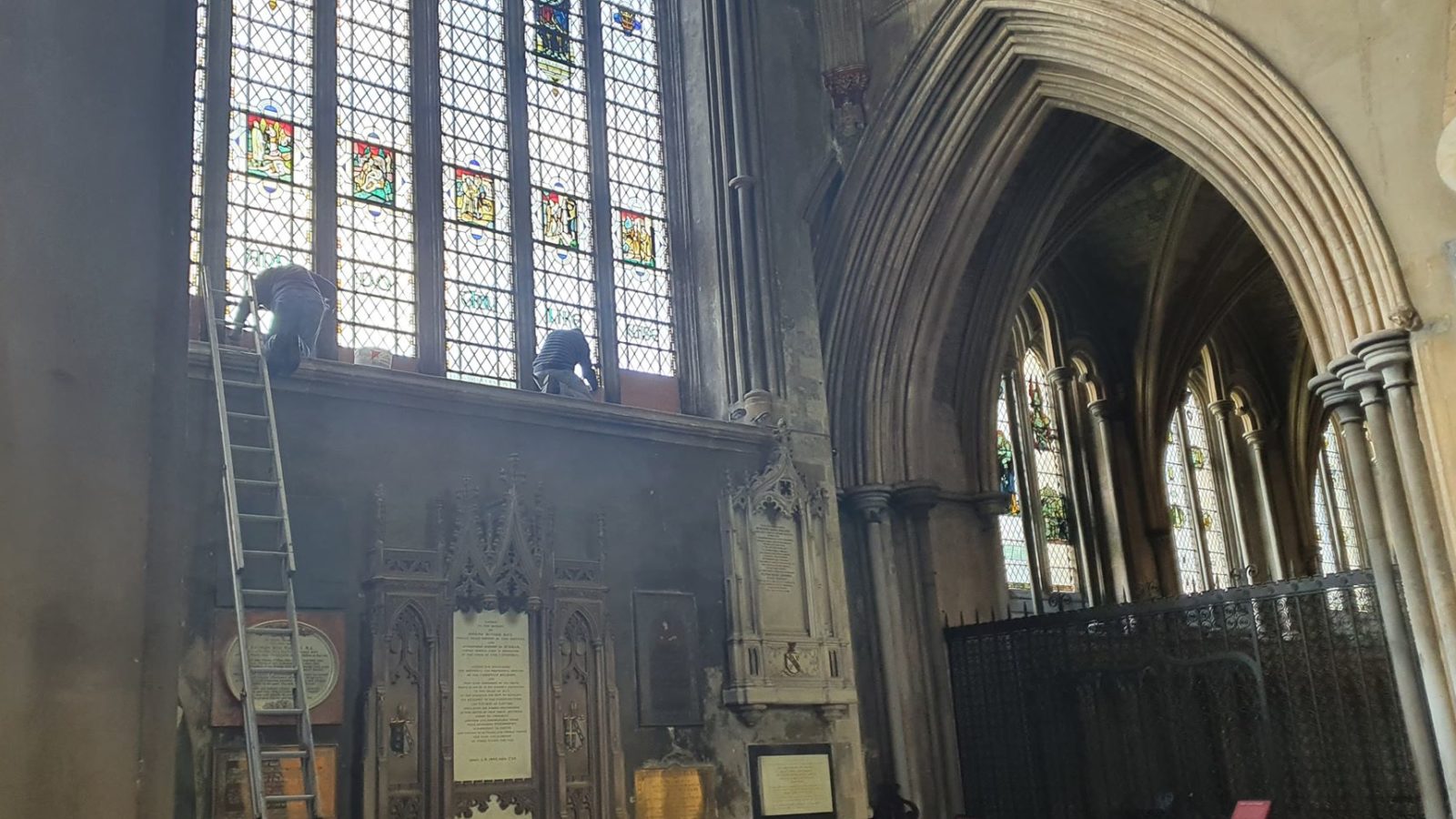 Photo: Colston window being removed by construction workers at Bristol Cathedral