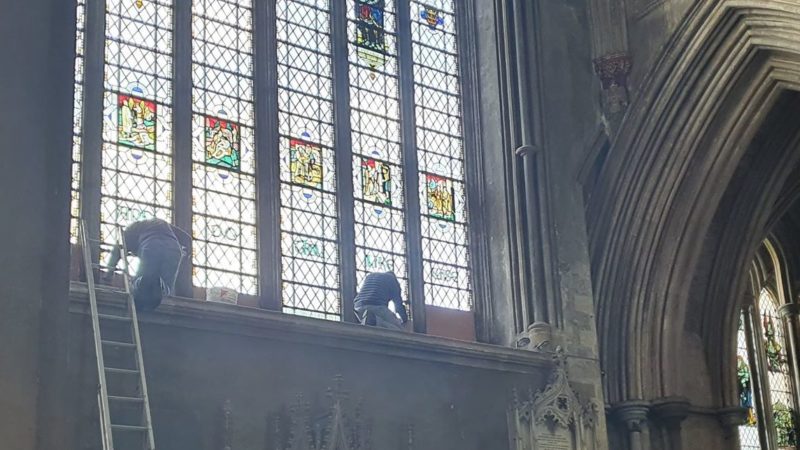 Photo: Colston window being removed by construction workers at Bristol Cathedral
