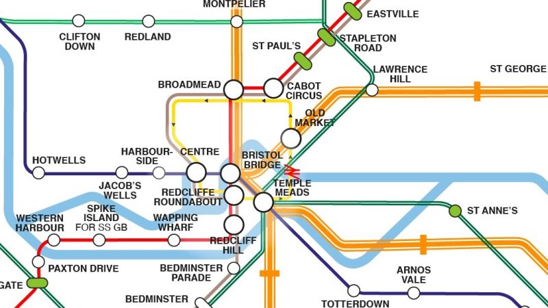 Map similar to London's underground maps showing the different stops included as part of Bristol's proposed mass transit system