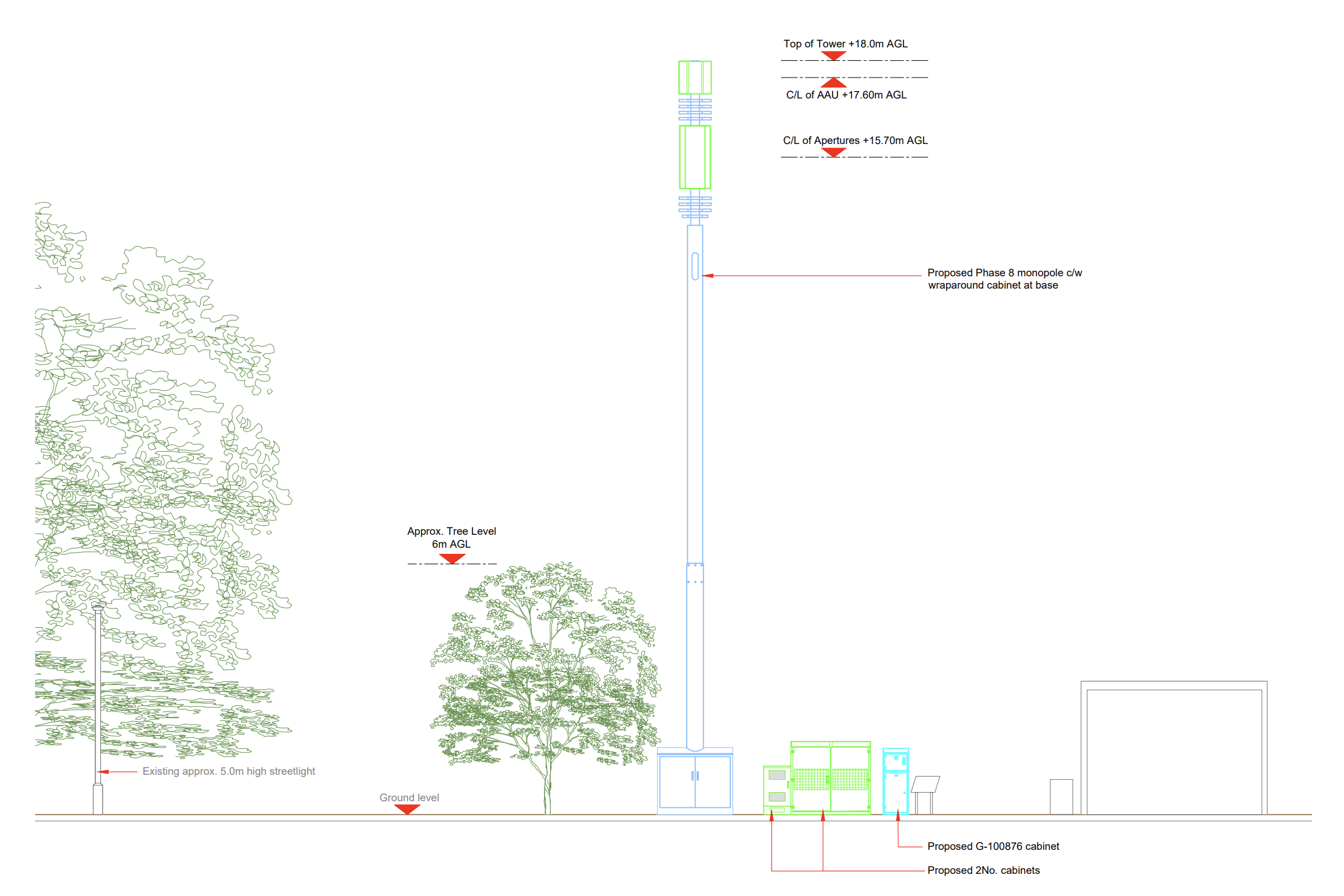 Diagram showing a large mobile mast next to two trees