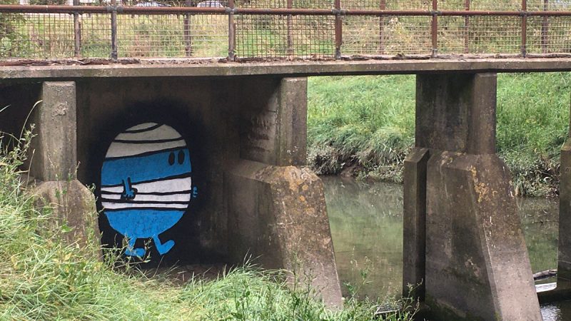 Mr Bump painted under a footbridge