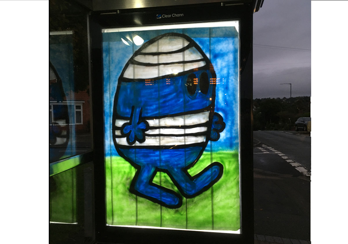 Mr Bump in place of a bus stop poster