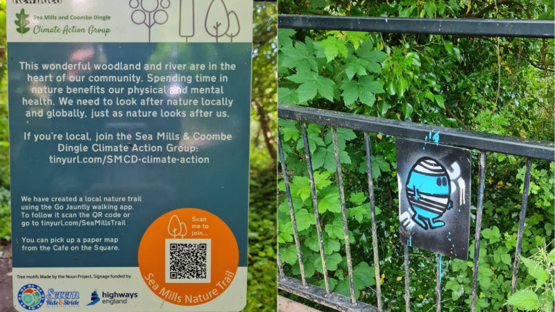 Mr Bump artwork on top of a sign on railings