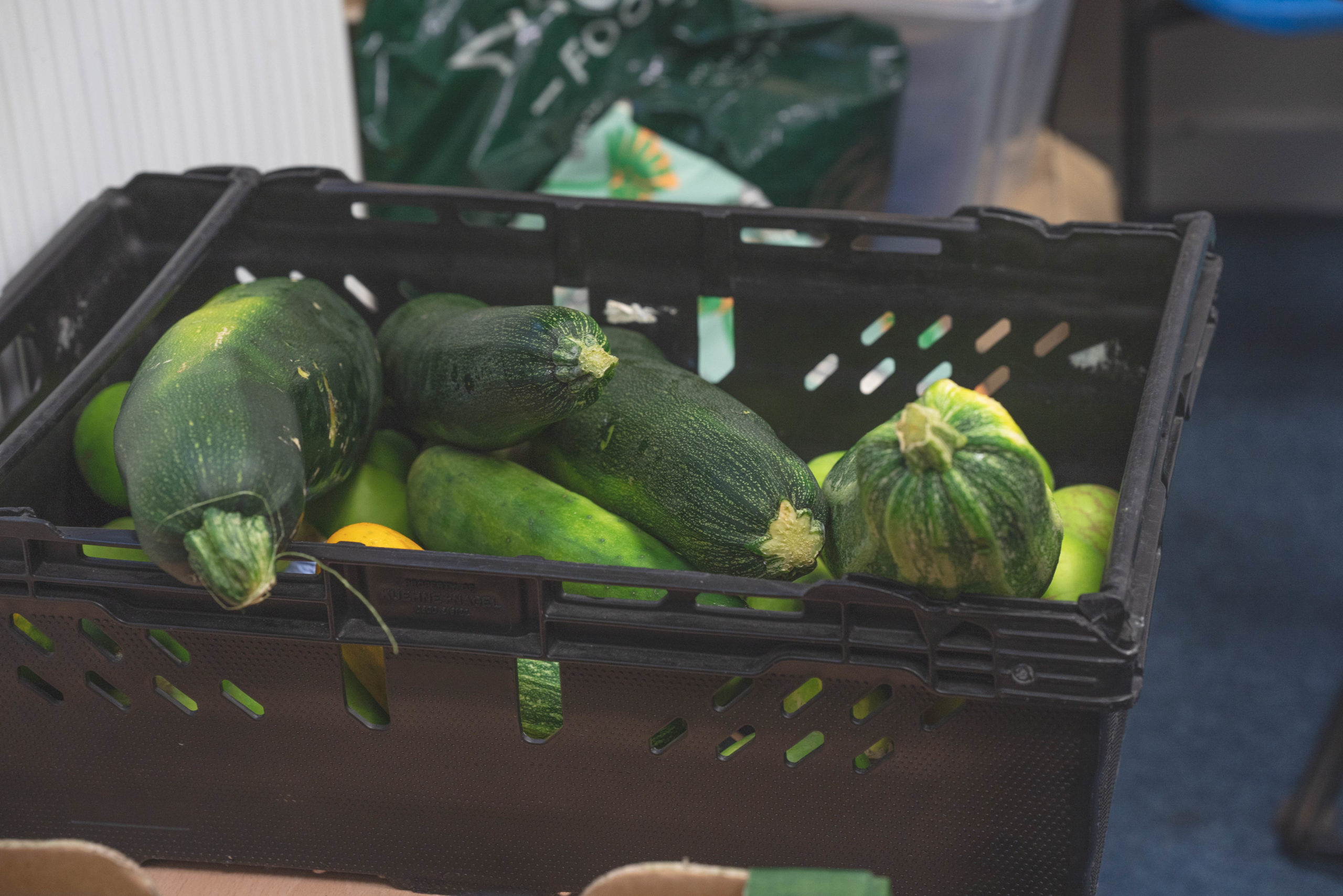 A black plastic box of marrows sits on a table. The box is full and the marrows look fresh and green. 