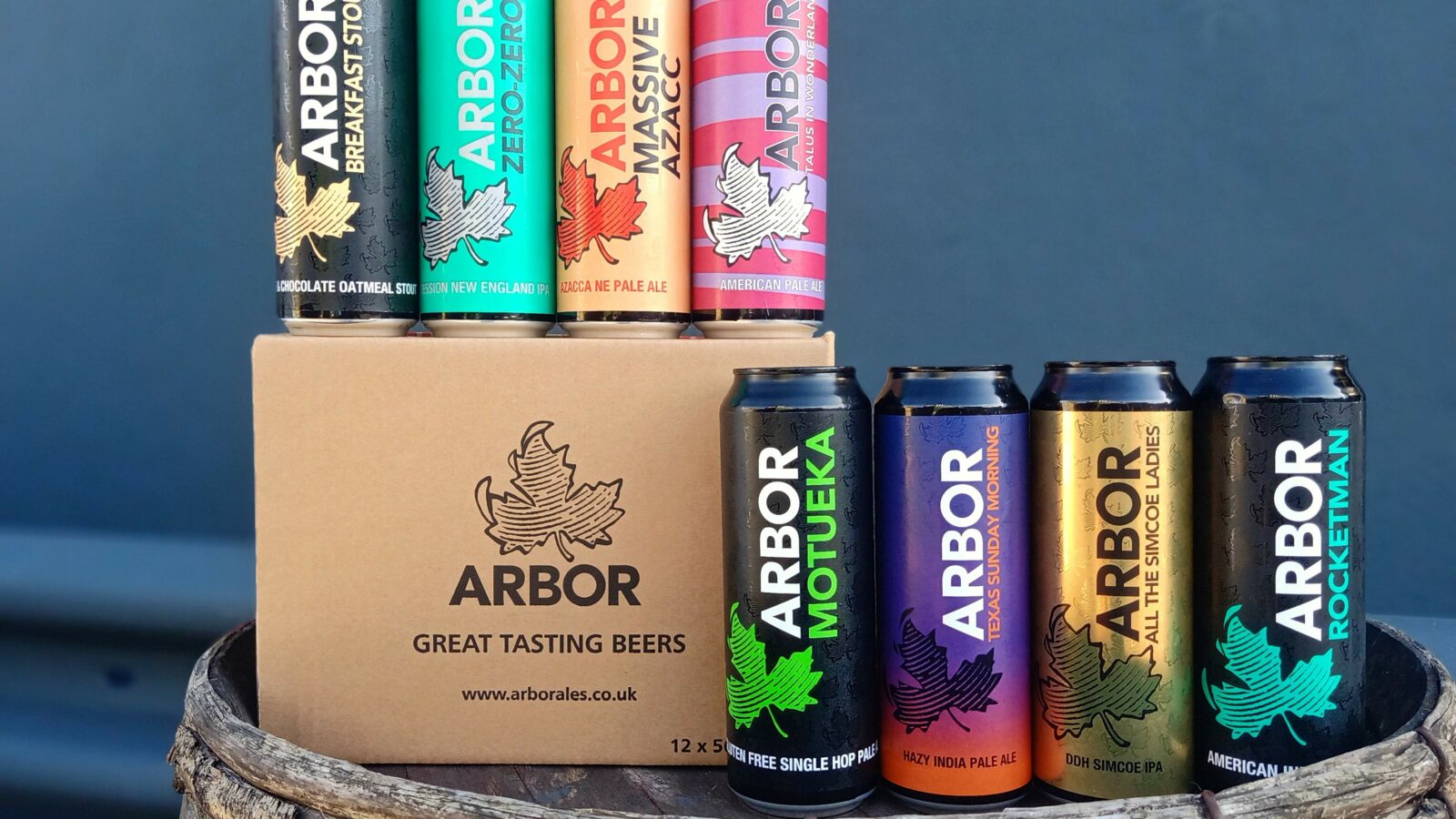 A case of colourful cans of beer from Arbor Ales