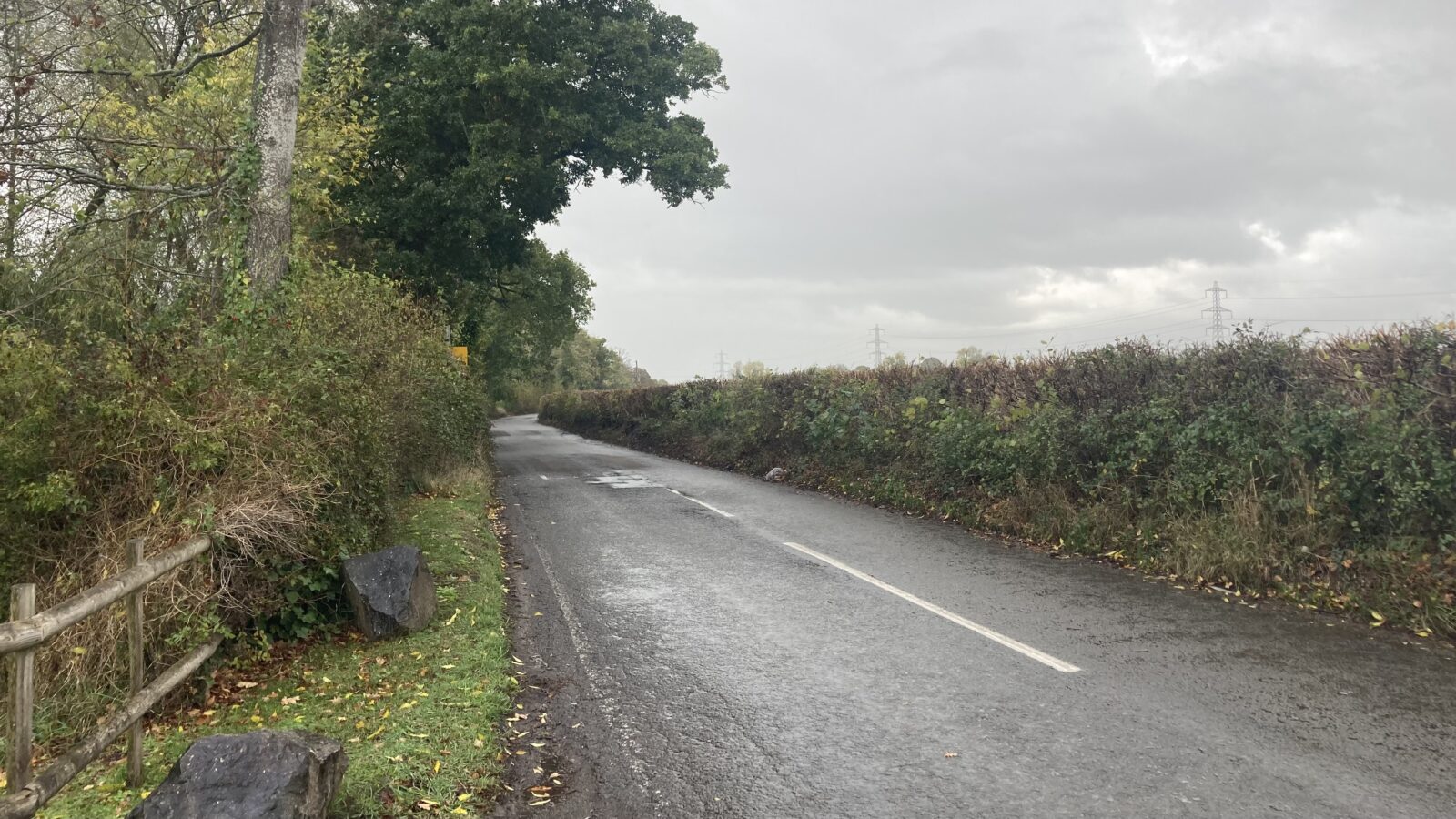 A country lane on a rainy day