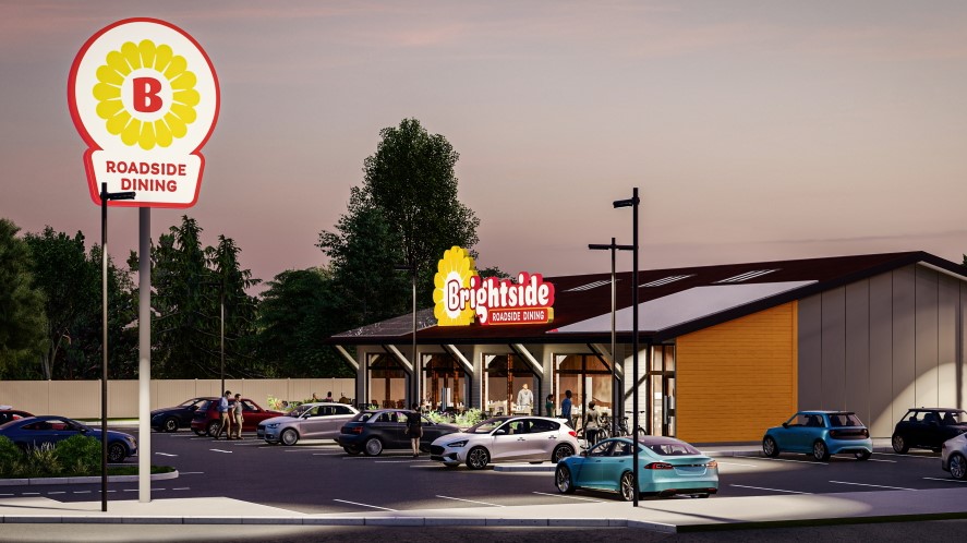 A mock-up of what Brightside could look like, featuring cars parked around the restaurant and the logo of a red capital B surrounded by a yellow circle