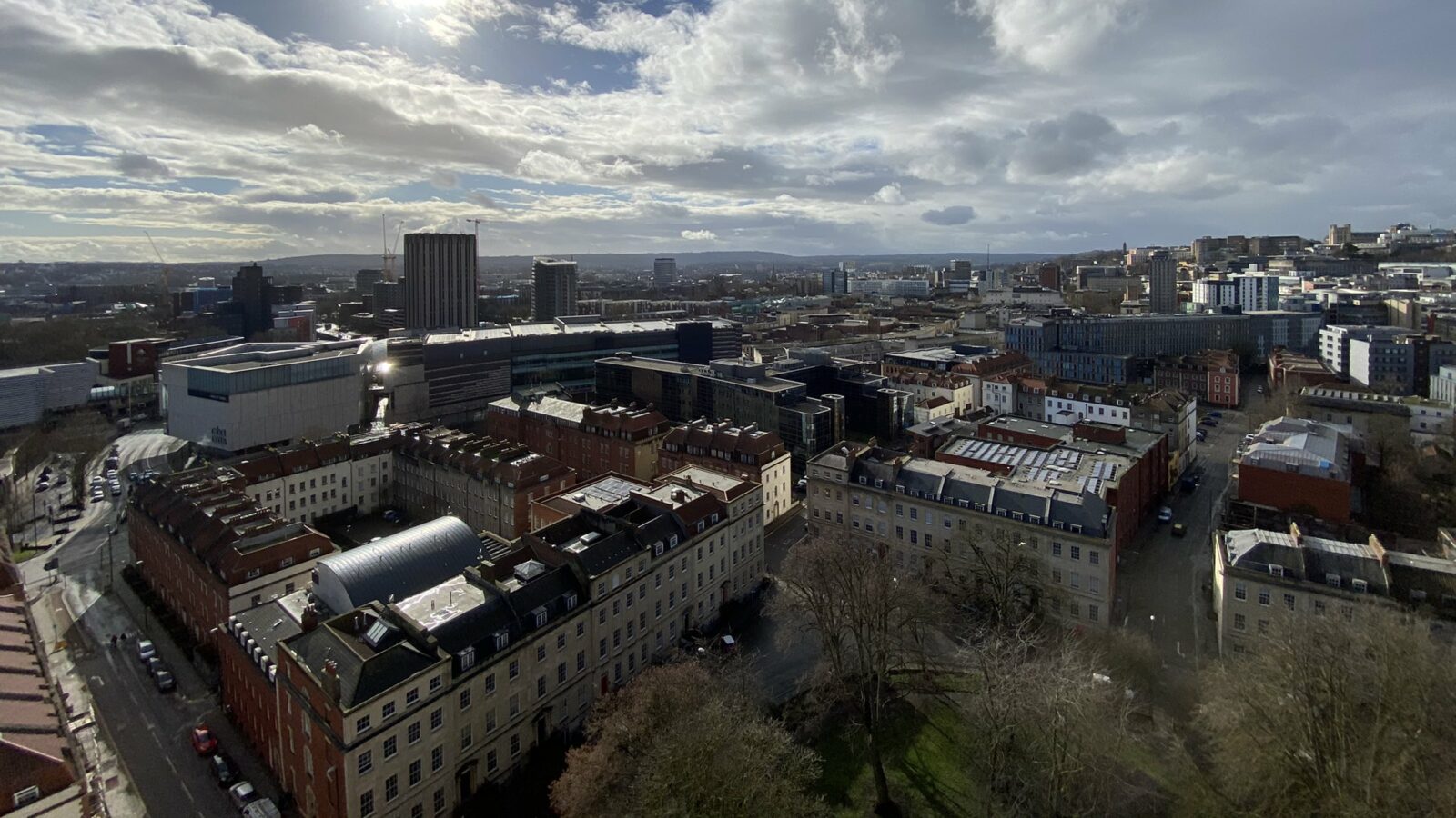 A view across the rooftops of St Paul's and beyond from the top of Circomedia in Portland Square