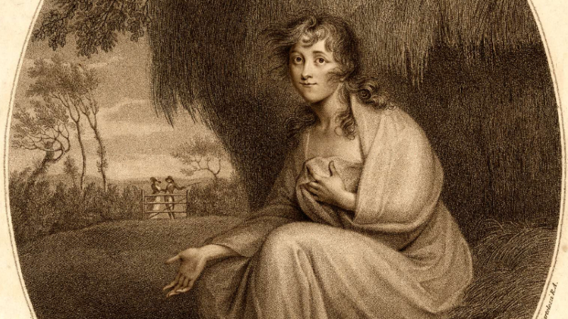 An engraving of Louisa, the so-called maid of the haystack, showing her wearing a white dress, looking slightly dishevelled with long flowing hair