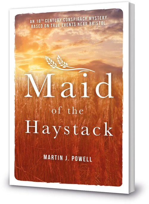 The front cover of Maid of the Haystack by Martin J Powell, with the words written on top of a photo of a field of wheat as the sun rises in the distance