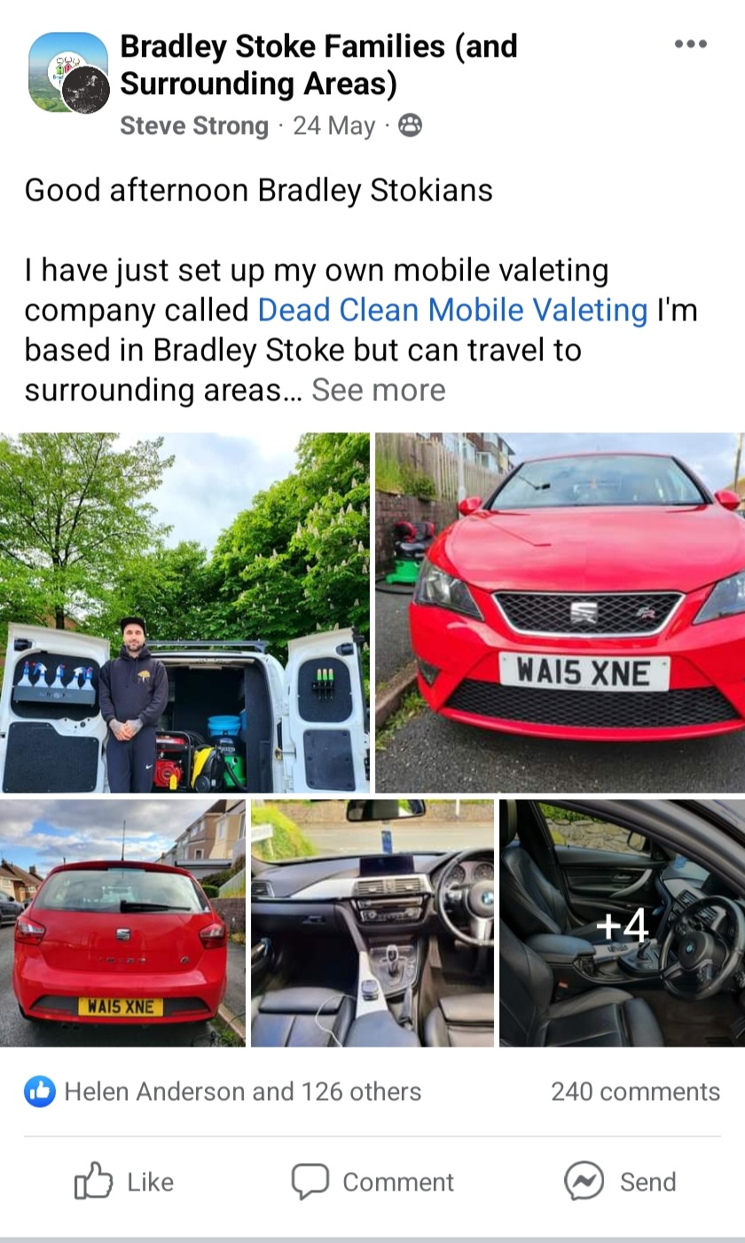 A screenshot of a Facebook community group page with a post on Steve's newly launched car valeting business