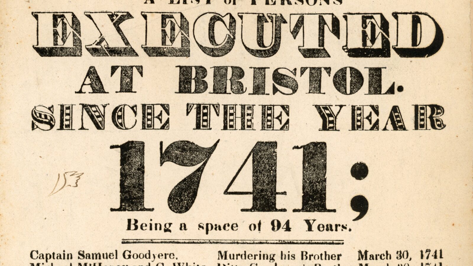 Document listing people executed in Bristol since 1741