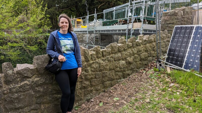 A woman stands in front of a wall with a bridge behind her