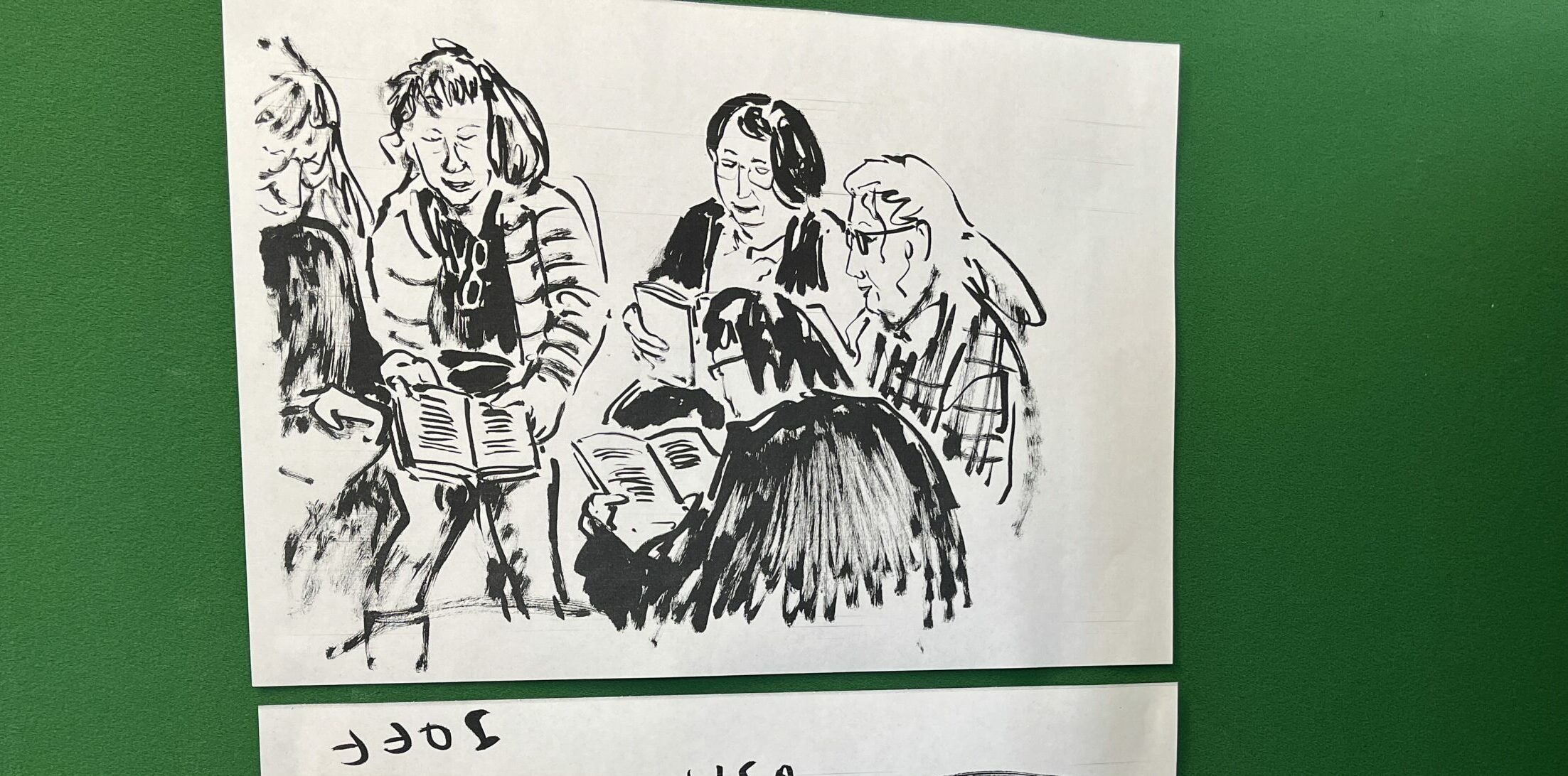 Black and white artwork showing people at the birthday celebrations