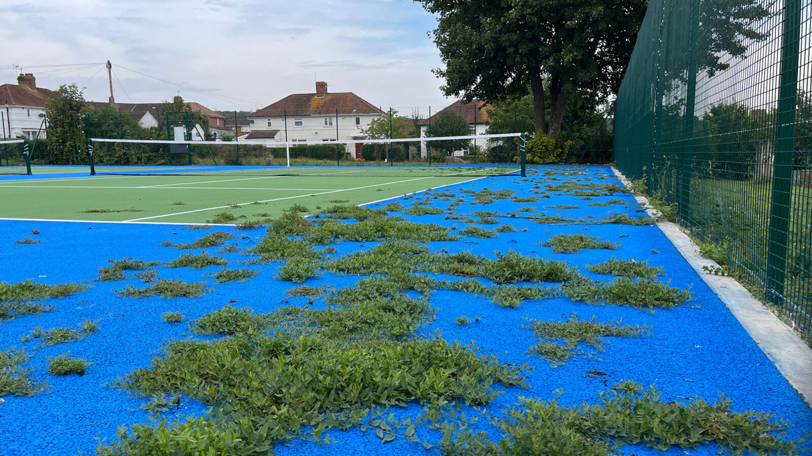A bright blue and green tarmac tennis court with weeds growing through the surface