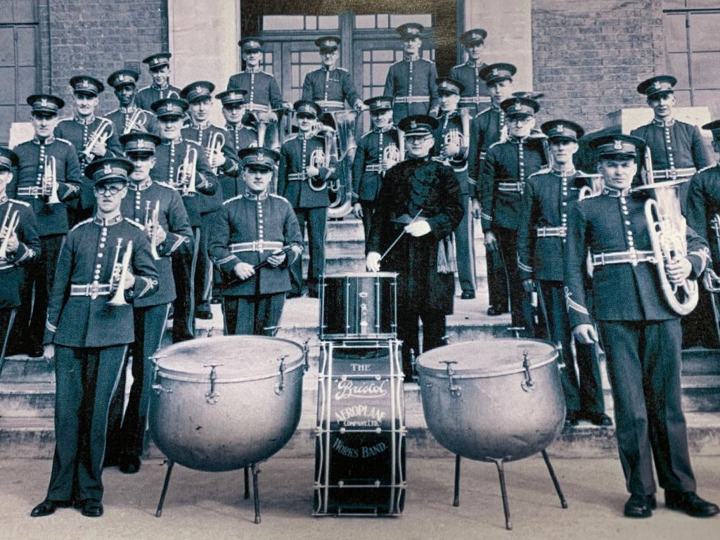 An old black and white photo showing the brass band at the BAC Factory in 1940