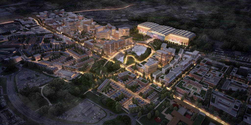 A CGI composition showing an aerial view of Brabazon development with the proposed YTL arena