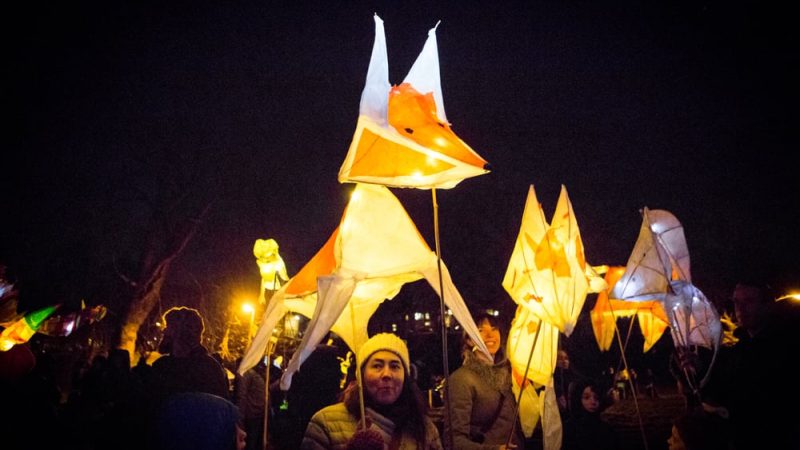 lanterns of foxes being carried by people at a parade