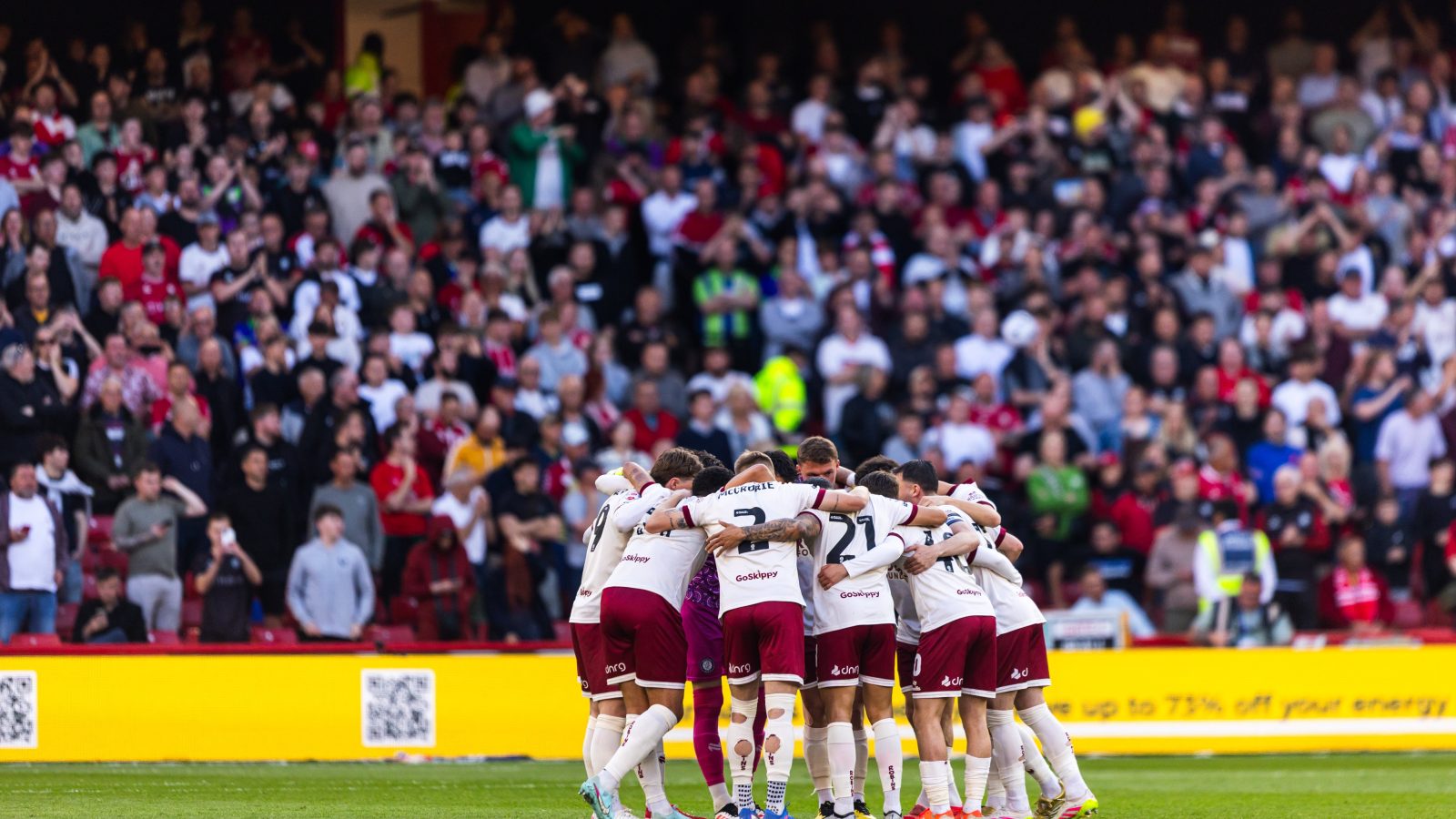 Bristol City players huddling pre-match before their fixture against Sheffield United at Bramall Lane in the championship play-off semi-final