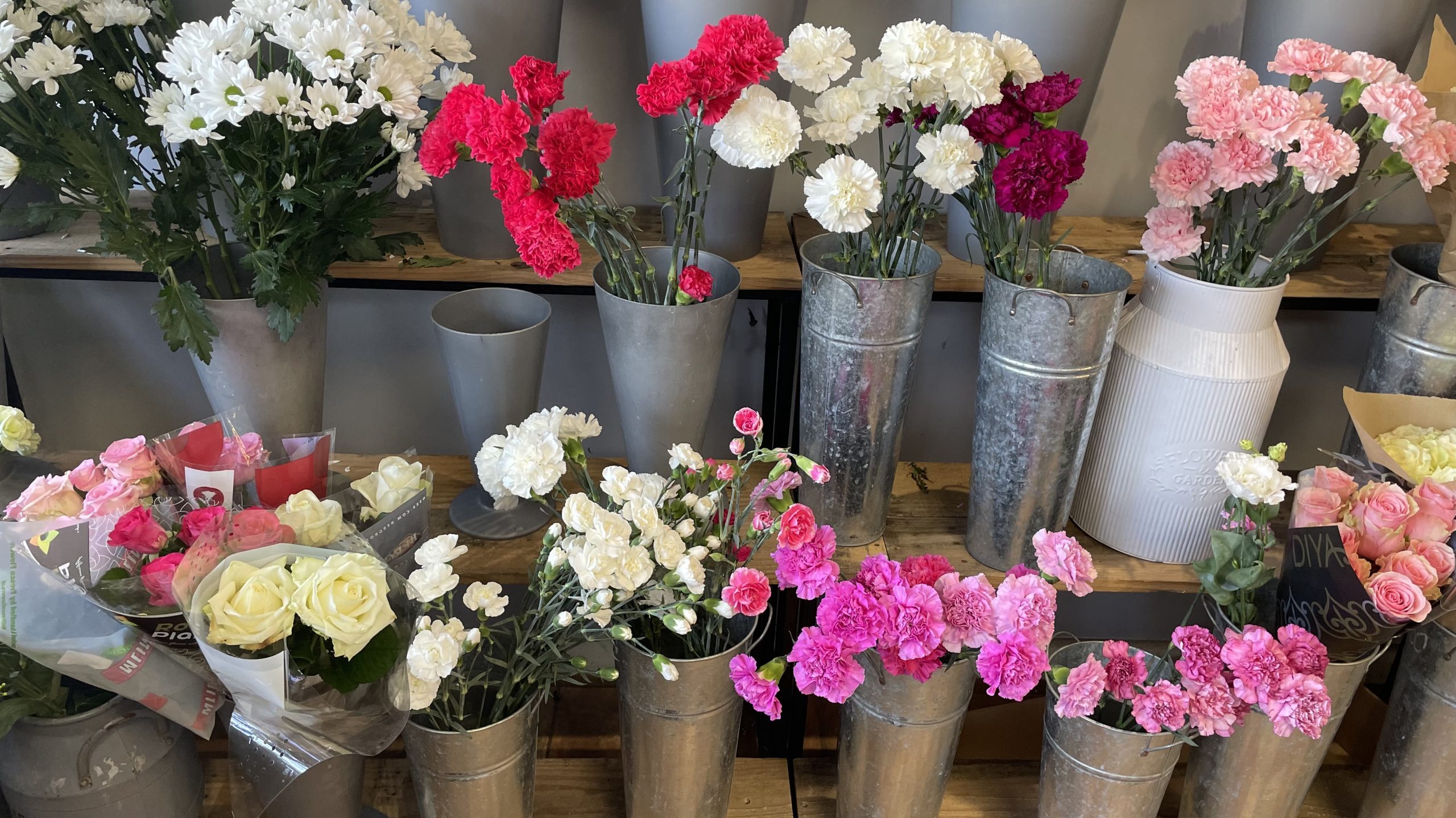 Buckets of carnations and roses at Don Gay’s Florist – photo Alex Cavanagh