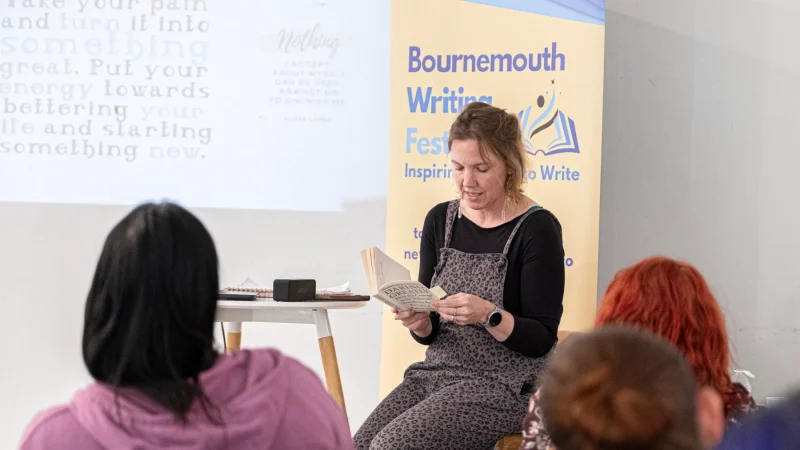 Dr Jade Levell speaks at a public writing event in Bournemouth (Credit Jade Levell)