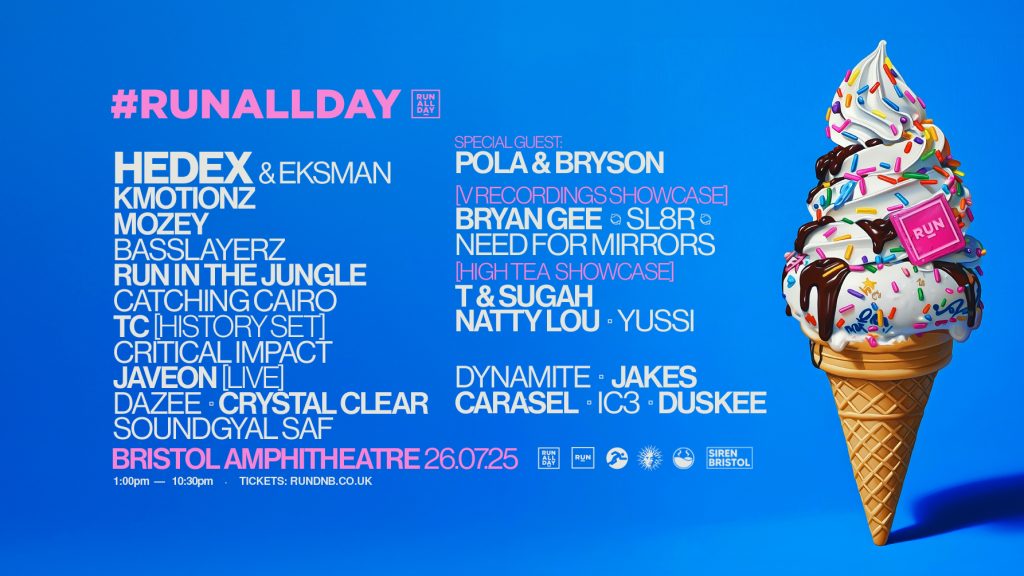 Bright blue background featuring a colorful ice cream cone with chocolate sauce and sprinkles on the right. Left side lists the full RUN All Day 2025 artist lineup in bold white and pink text, including headliners Hedex & Eksman, Mozey, Basslayerz, and many others. Event details at bottom: Bristol Amphitheatre, 26.07.25, 1:00pm – 10:30pm, tickets via rundnb.co.uk. Promotional and festival logos appear at the bottom. (Credit Siren Festival)