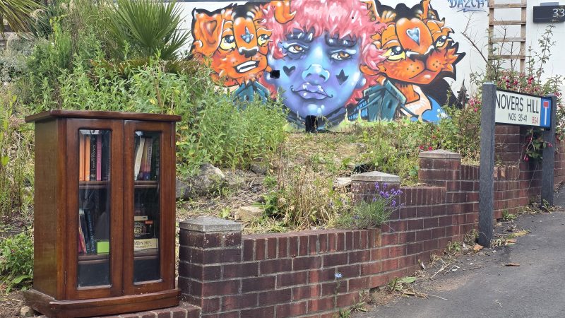 A wooden cabinet with a glass front containing several books is on a brick wall next to a pavement. In the background there is a brightly coloured mural.