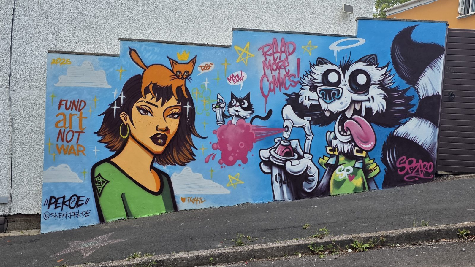 A mural of a girl with a ginger cat on her head. The girl has brown hair and a green top, she is in front of a blue background.