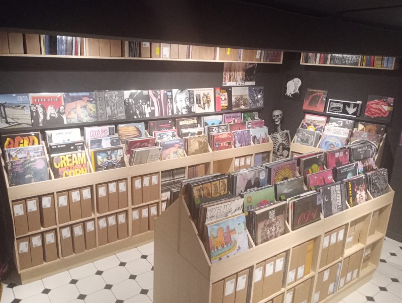 The vinyl shop downstairs contains several records from Alex's label, Stolen Body Records