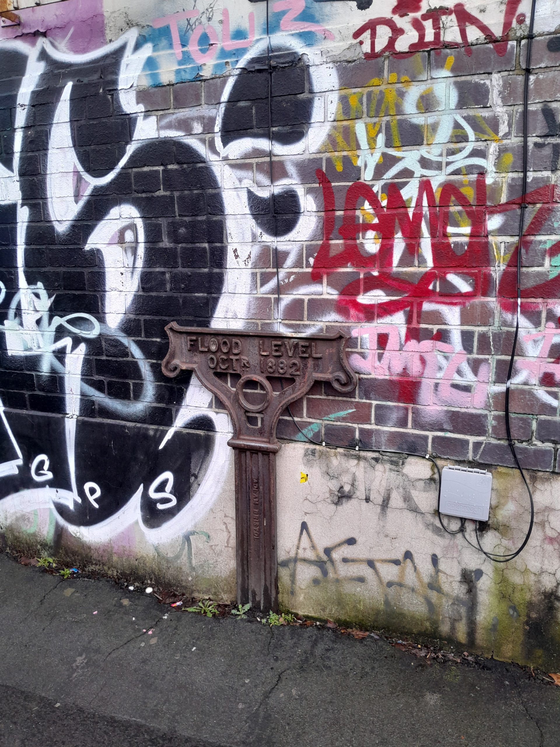 Flood marker that shows the highest water level when the Frome burst its banks in 1882